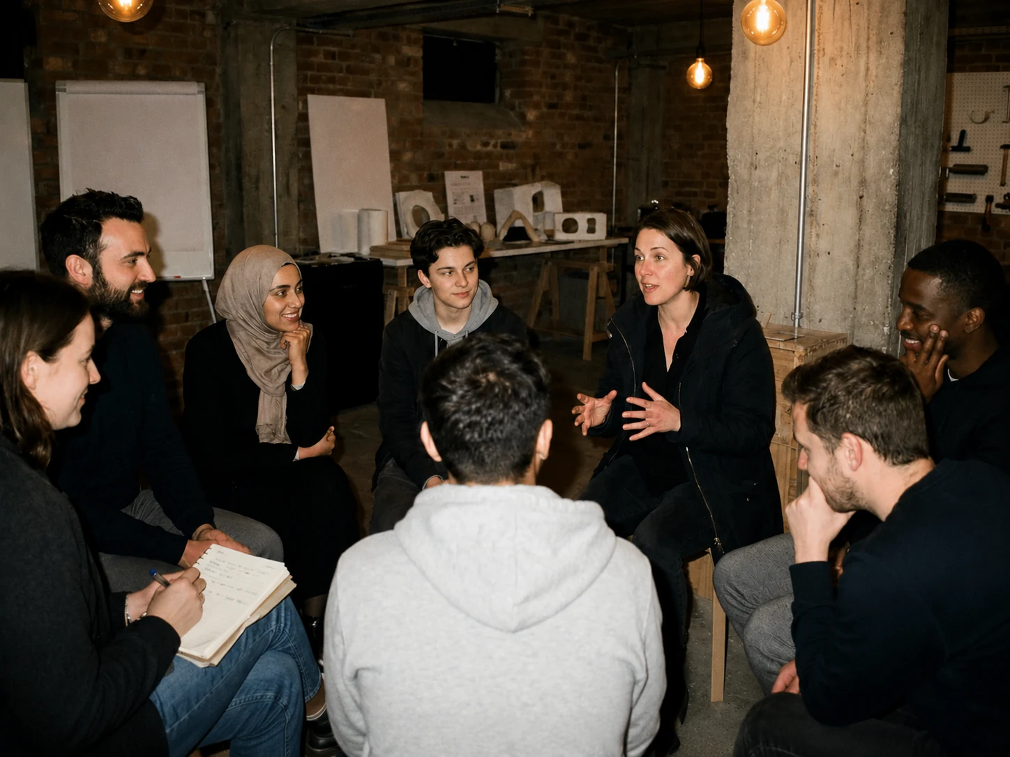 Cercle de discussion dans un atelier collaboratif