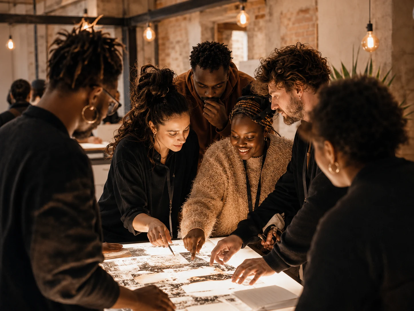 Équipe analysant des contenus autour d’une table lumineuse
