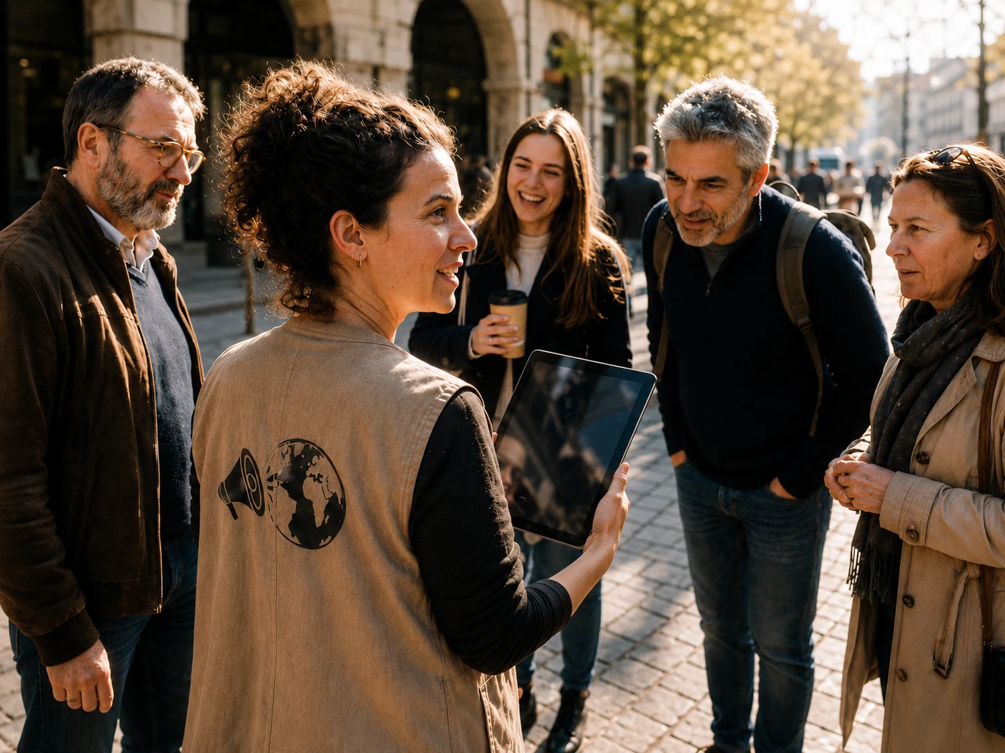 Médiatrice présentant un projet à un groupe dans l’espace public